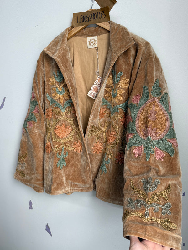 Langmere Short Hand Embroidered Cotton Velvet Jacket