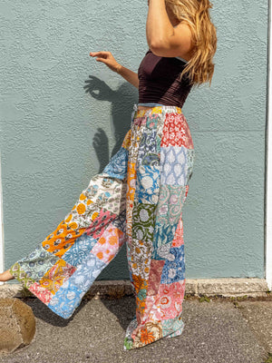 Cotton Block Print Patchwork Wide Leg Pants