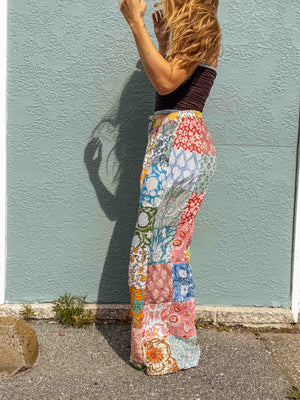 Cotton Block Print Patchwork Wide Leg Pants