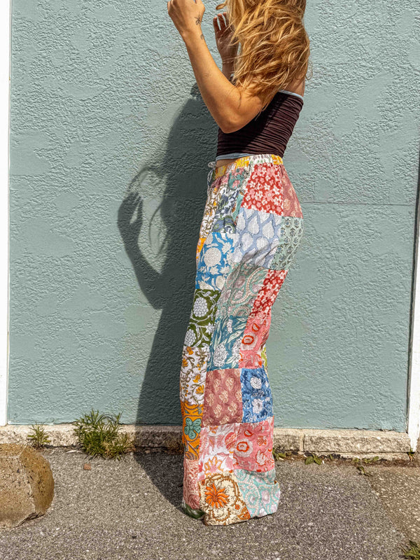 Cotton Block Print Patchwork Wide Leg Pants