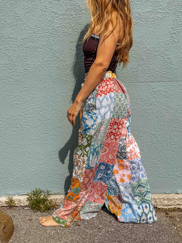 Cotton Block Print Patchwork Wide Leg Pants