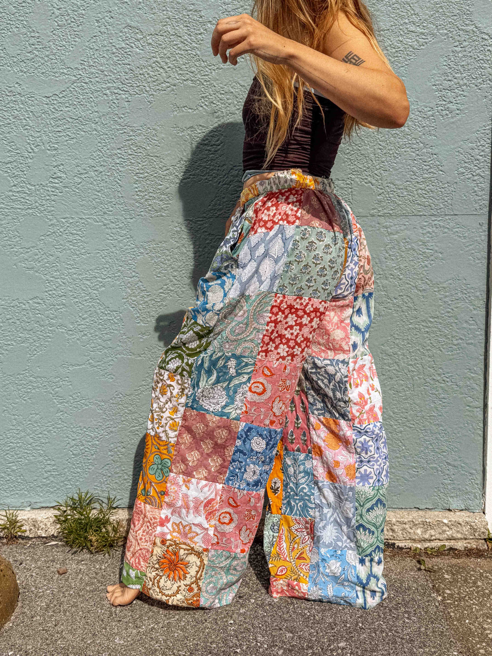 Cotton Block Print Patchwork Wide Leg Pants