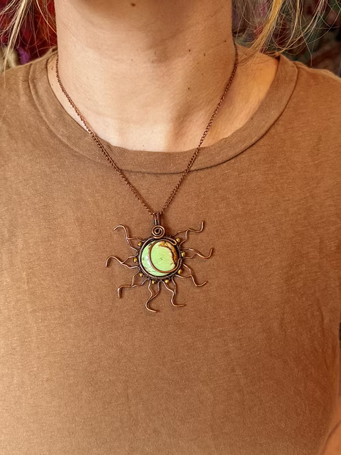 Lemon Chrysoprase Moon Sun Copper Necklace