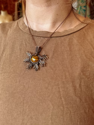 Tiger's Eye Mini Fire Horse Sun Copper Necklace