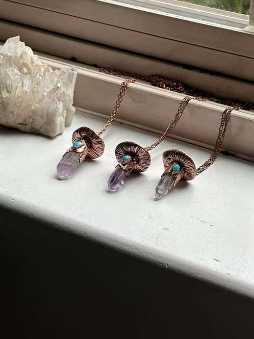 Amethyst + Turquoise Copper Mushroom Necklace