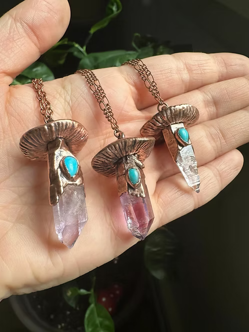 Amethyst + Turquoise Copper Mushroom Necklace
