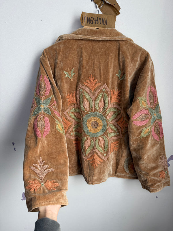 Langmere Short Hand Embroidered Cotton Velvet Jacket