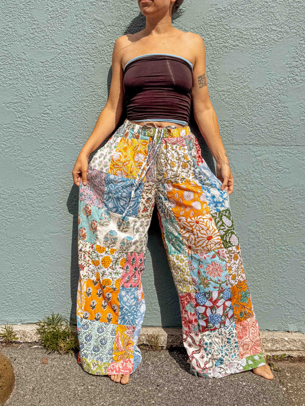 Cotton Block Print Patchwork Wide Leg Pants