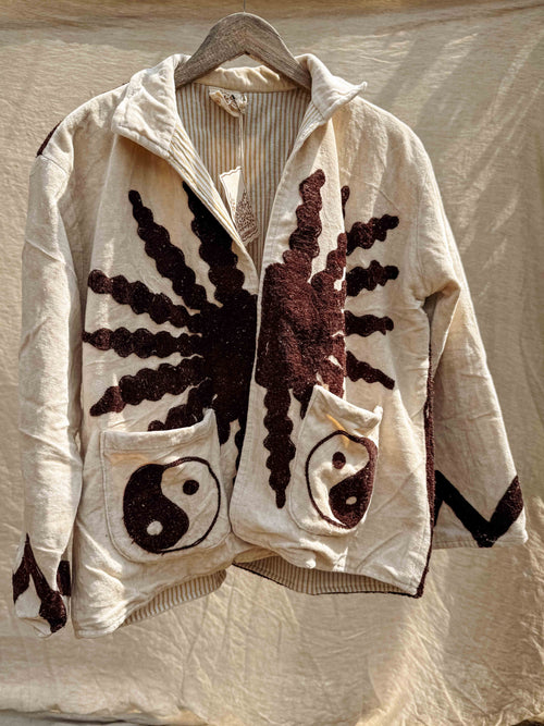 Solar Yin Yang Reversible Embroidered Velvet Jacket Cream / Earth