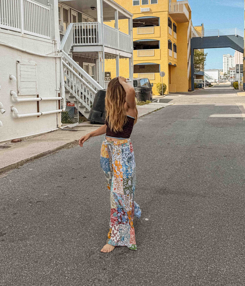 Cotton Block Print Patchwork Wide Leg Pants