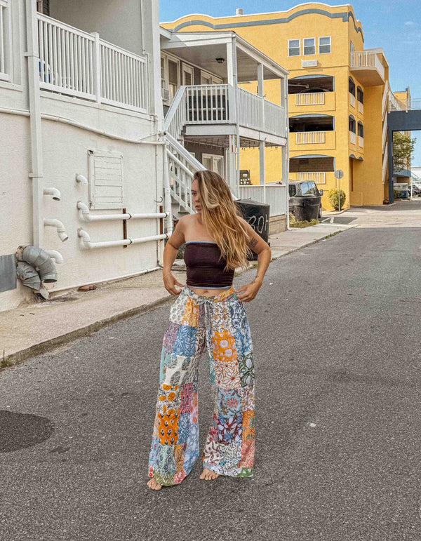 Cotton Block Print Patchwork Wide Leg Pants